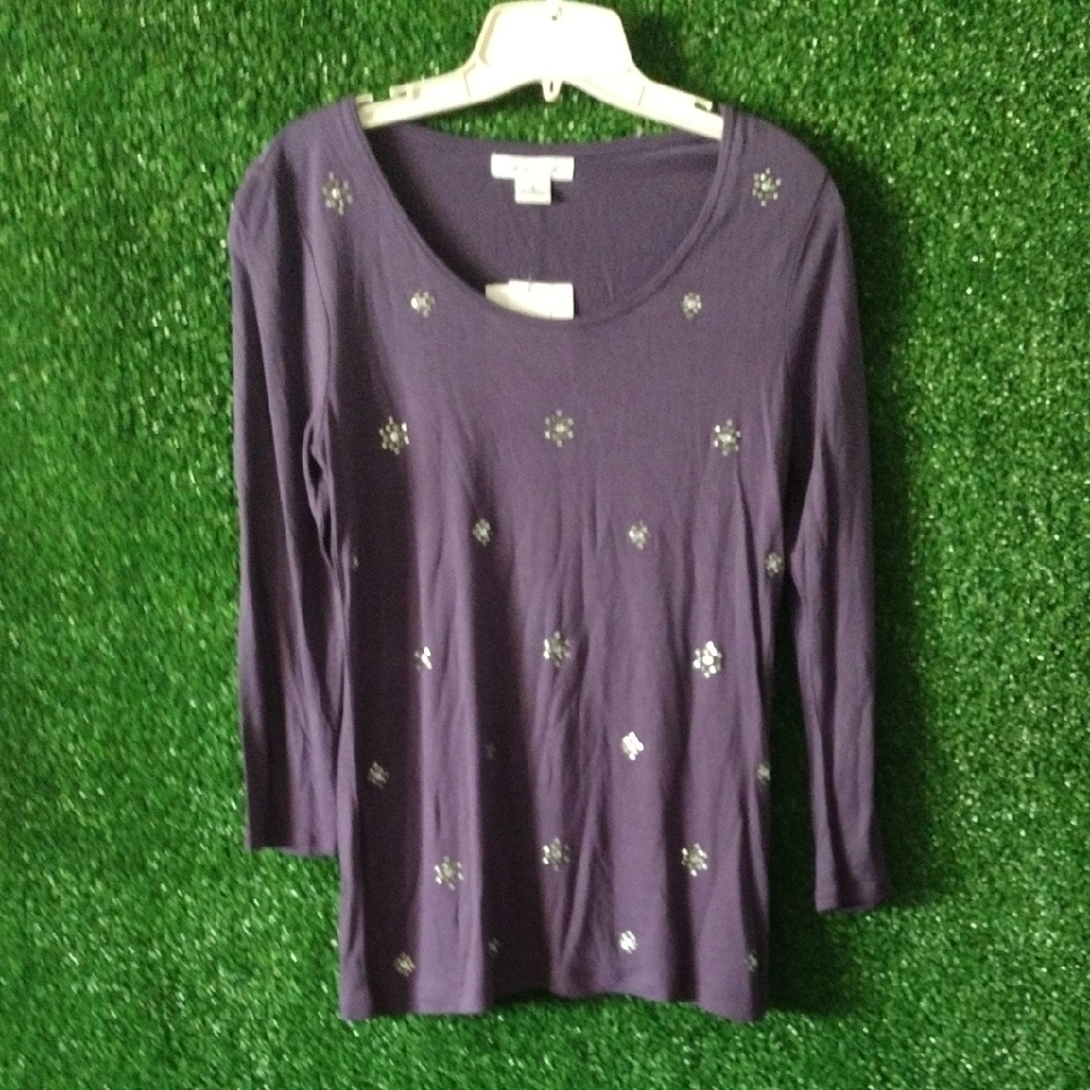 Liz Claiborne Holiday Gifts Purple Long Sleeve Top with Silver Accents